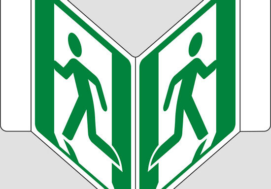 (uscita di emergenza – emergency exit) a “V”