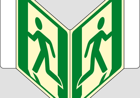 (uscita di emergenza – emergency exit) a “V” luminescente