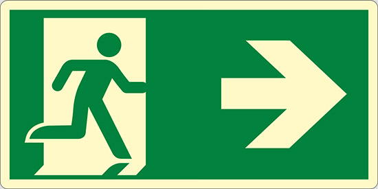 (uscita di emergenza a destra – emergency exit right hand) luminescente