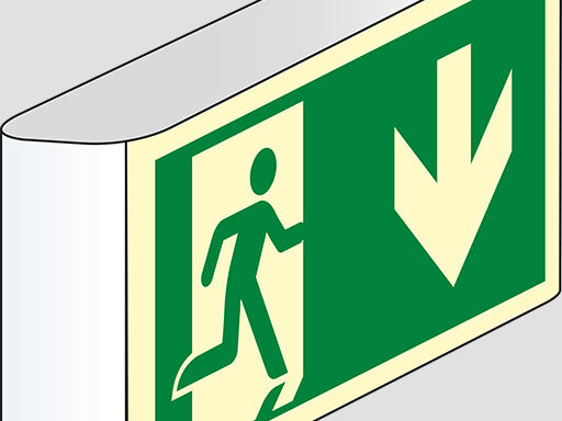(uscita di emergenza in basso) a bandiera luminescente