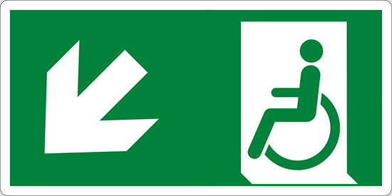 (uscita di emergenza disabili in basso a sinistra – emergency exit for people unable to walk down and left)