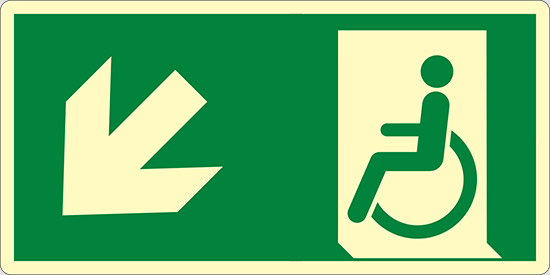 (uscita di emergenza disabili in basso a sinistra – emergency exit for people unable to walk down and left) luminescente
