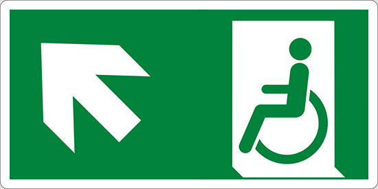 (uscita di emergenza disabili in alto a sinistra – emergency exit for people unable to walk up and left)
