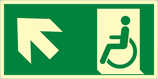 (uscita di emergenza disabili in alto a sinistra – emergency exit for people unable to walk up and left) luminescente