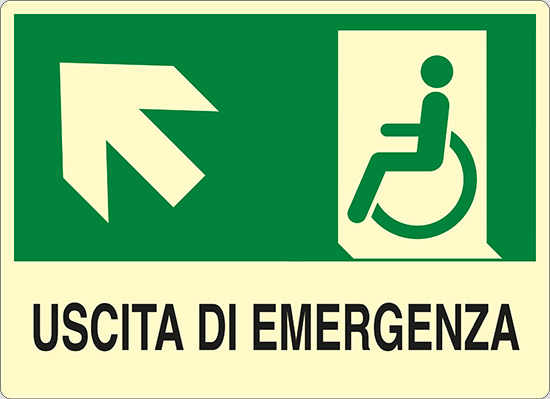 USCITA DI EMERGENZA (disabili in alto a sinistra) luminescente