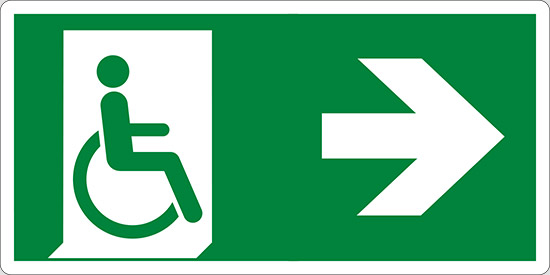 (uscita di emergenza disabili a destra – emergency exit for people unable to walk right hand)