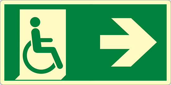 (uscita di emergenza disabili a destra – emergency exit for people unable to walk right hand) luminescente