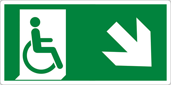 (uscita di emergenza disabili in basso a destra – emergency exit for people unable to walk down and right)