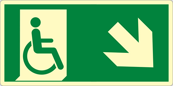 (uscita di emergenza disabili in basso a destra – emergency exit for people unable to walk down and right) luminescente