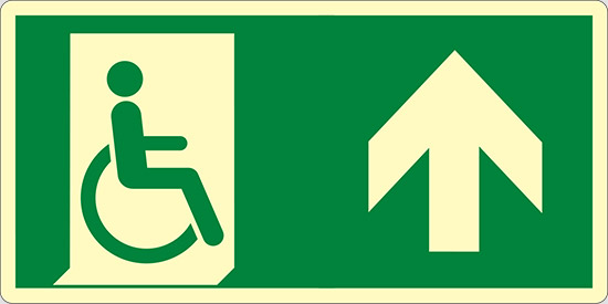 (uscita di emergenza disabili in alto – emergency exit for people unable to walk up hand) luminescente