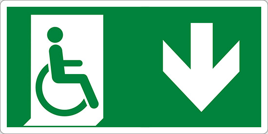 (uscita di emergenza disabili in basso – emergency exit for people unable to walk down hand)