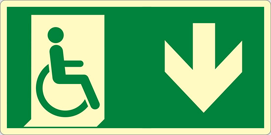 (uscita di emergenza disabili in basso – emergency exit for people unable to walk down hand) luminescente