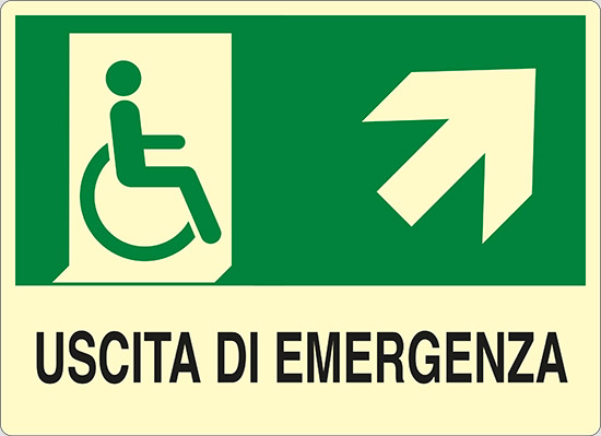 USCITA DI EMERGENZA (disabili in alto a destra) luminescente