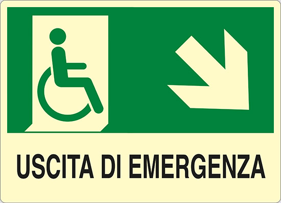 USCITA DI EMERGENZA (disabili in basso a destra) luminescente