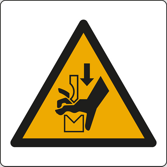 (avvertimento: schiacciamento delle mani tra gli organi della pressa – warning: hand crushing between press brake tool)