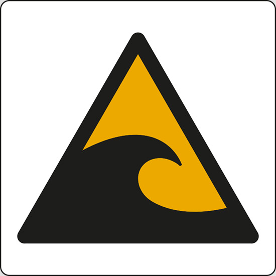 (attenzione; zona pericolo Tsunami – warning; Tsunami hazard zone)